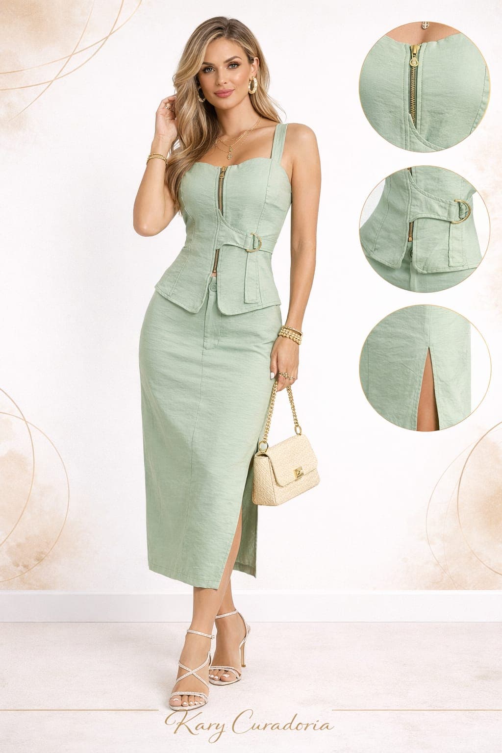 Conjunto Feminino Tecido Marrant Moderno Top Estruturado com Zíper e Saia Longa | Kary Curadoria REF: CON-0002