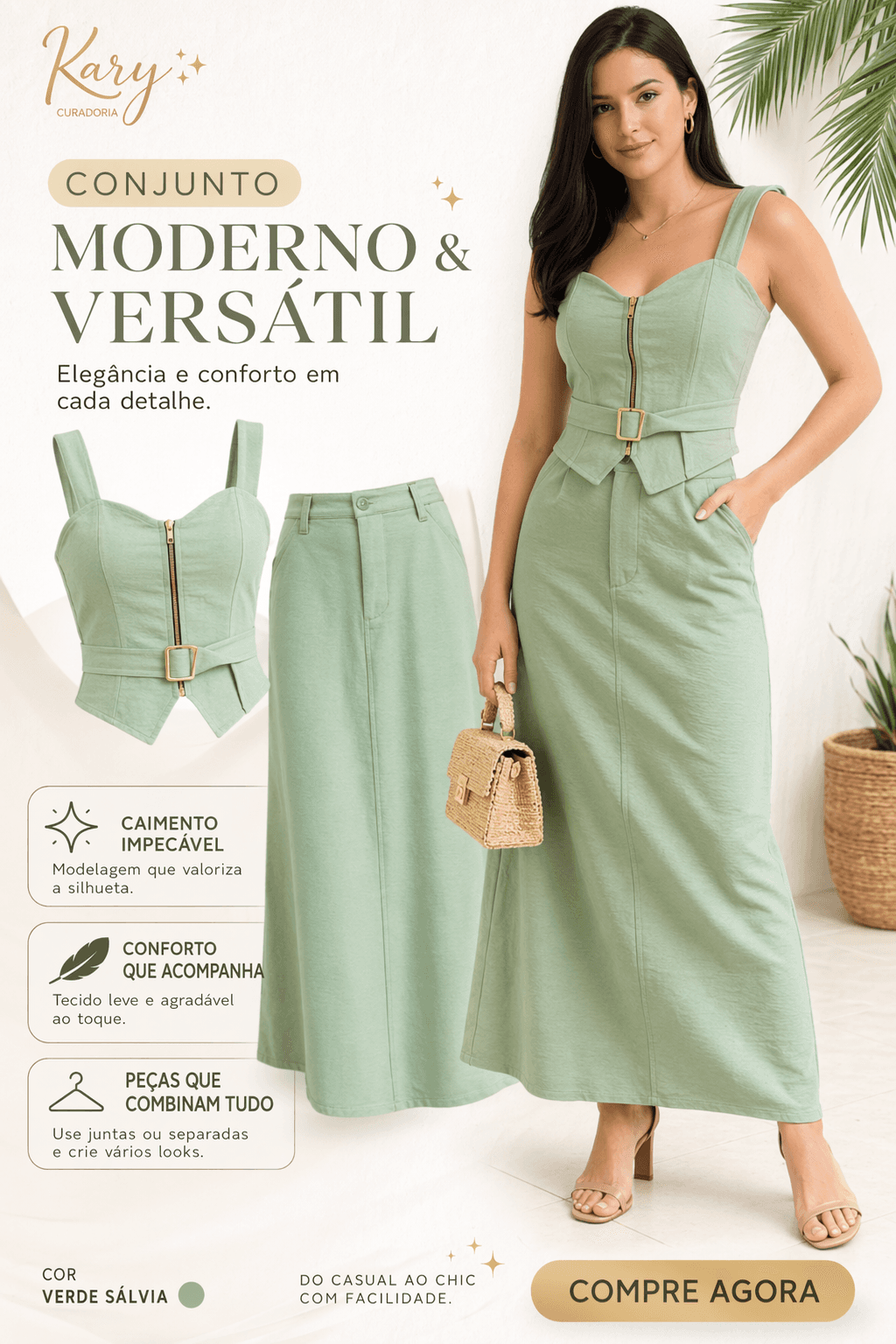 Conjunto Feminino Tecido Marrant Moderno Top Estruturado com Zíper e Saia Longa | Kary Curadoria REF: CON-0002 detalhe