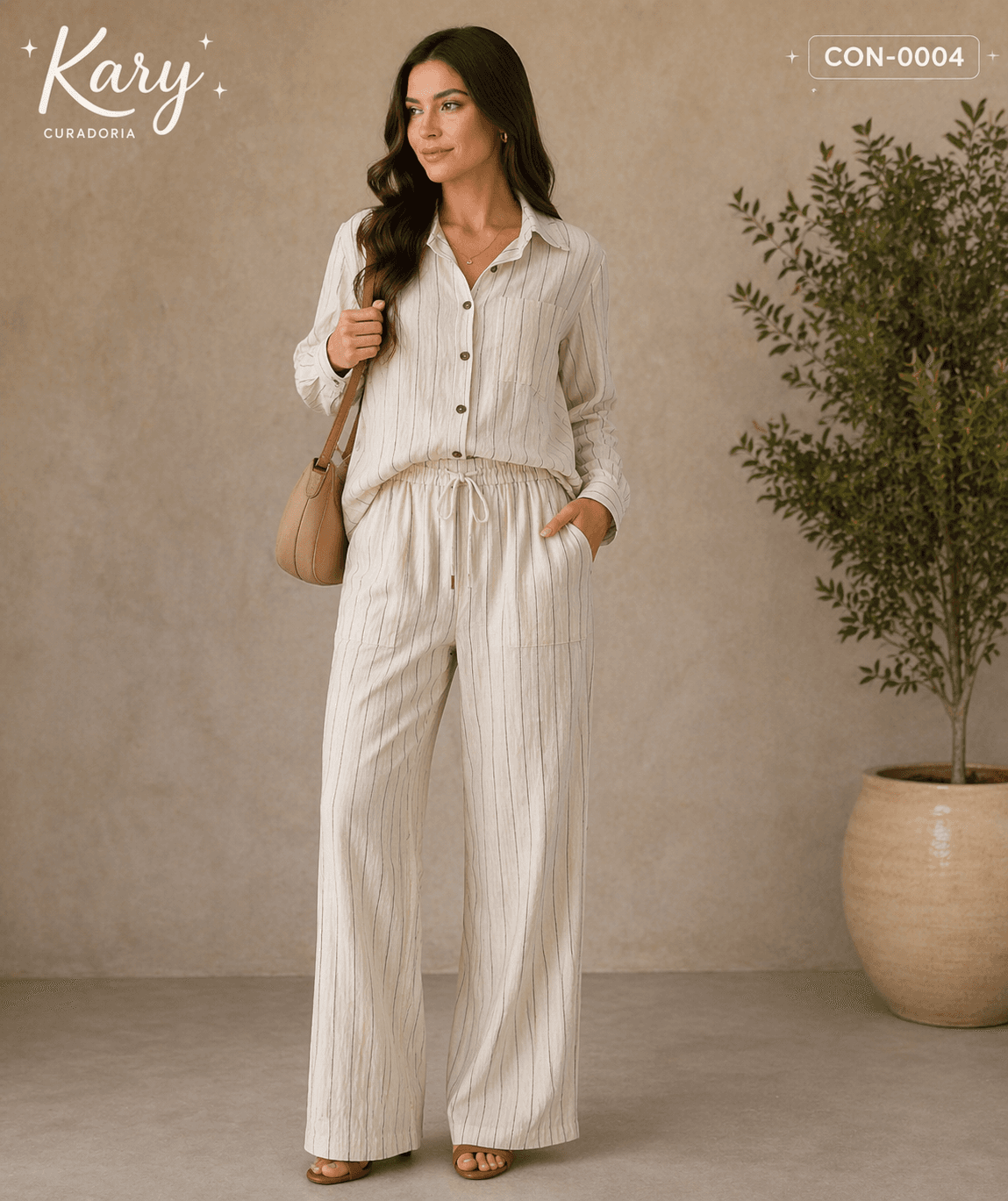 Conjunto Feminino Camisa Clássica e Calça Pantalona com Amarração - Estilo Atemporal | Kary Curadoria (Ref: CON-0004)