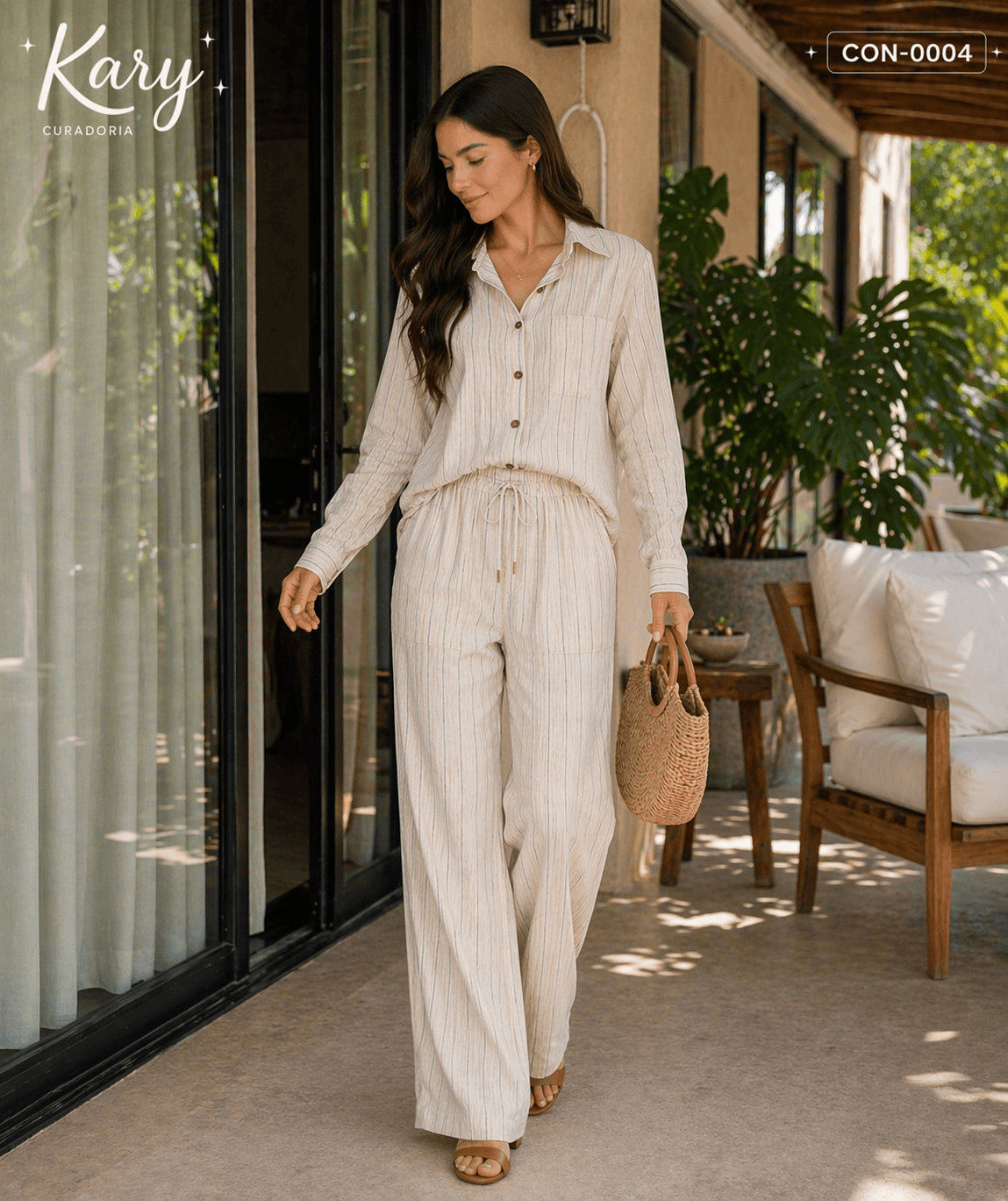 Conjunto Feminino Camisa Clássica e Calça Pantalona com Amarração - Estilo Atemporal | Kary Curadoria (Ref: CON-0004) detalhe