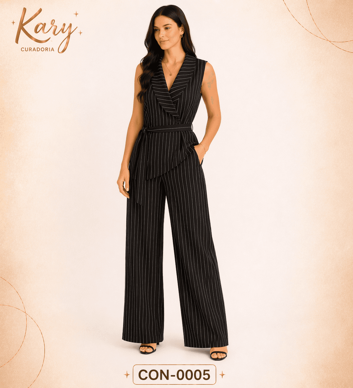 Conjunto Alfaiataria Colete Transpassado e Calça Pantalona Risca de Giz | Kary Curadoria (Ref: CON-0005)