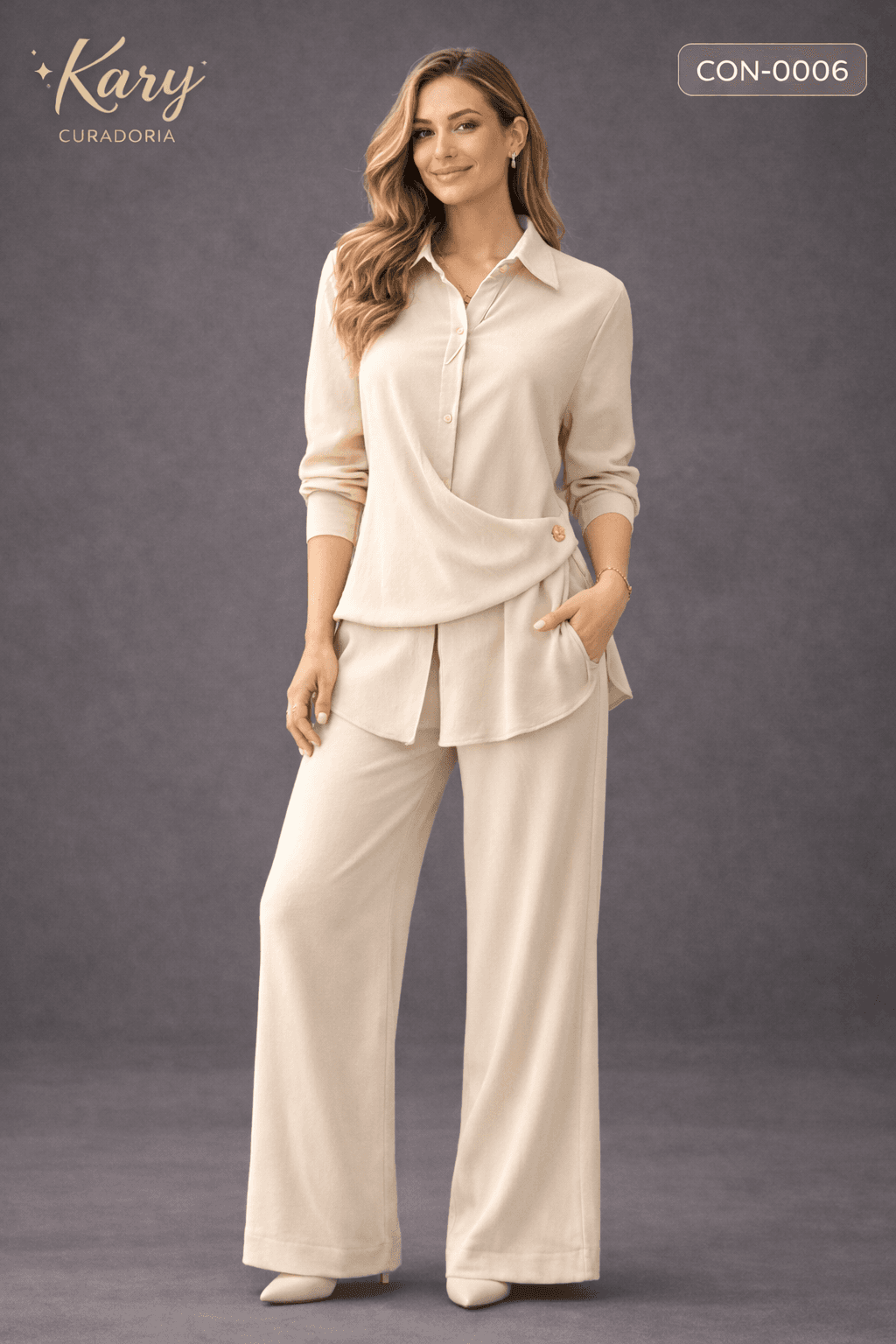 Conjunto Feminino Camisa Transpassada com Botão Dourado e Calça Pantalona | Kary Curadoria (Ref: CON-0006)