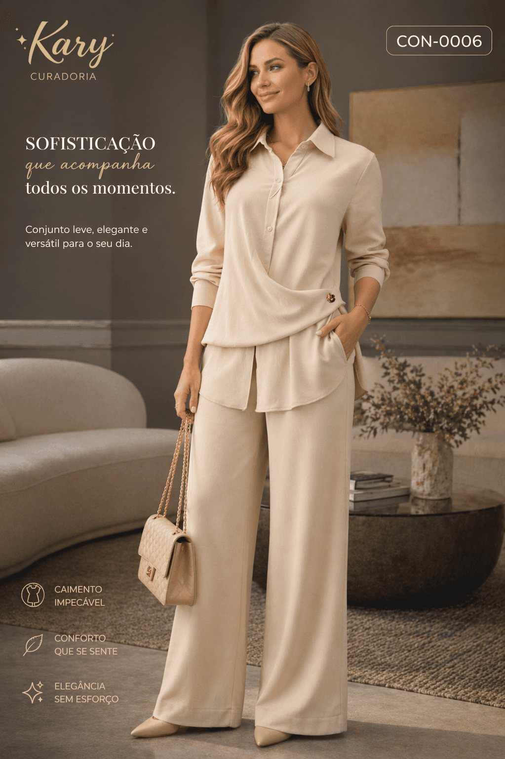 Conjunto Feminino Camisa Transpassada com Botão Dourado e Calça Pantalona | Kary Curadoria (Ref: CON-0006) detalhe