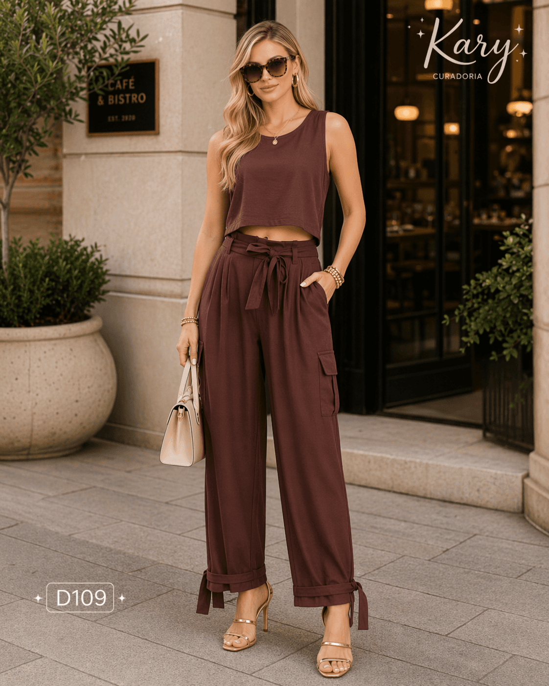 Conjunto Feminino Cropped Minimalista e Calça Cargo com Amarração - Estilo Atemporal | Kary Curadoria (Ref: D109) detalhe