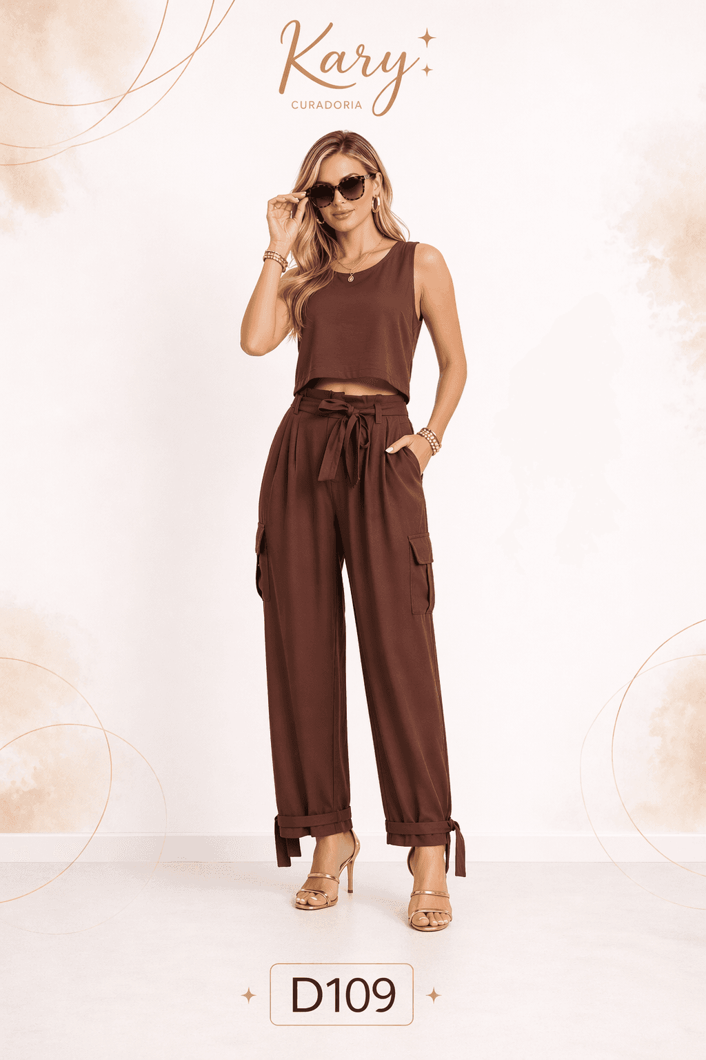 Conjunto Feminino Cropped Minimalista e Calça Cargo com Amarração - Estilo Atemporal | Kary Curadoria (Ref: D109)