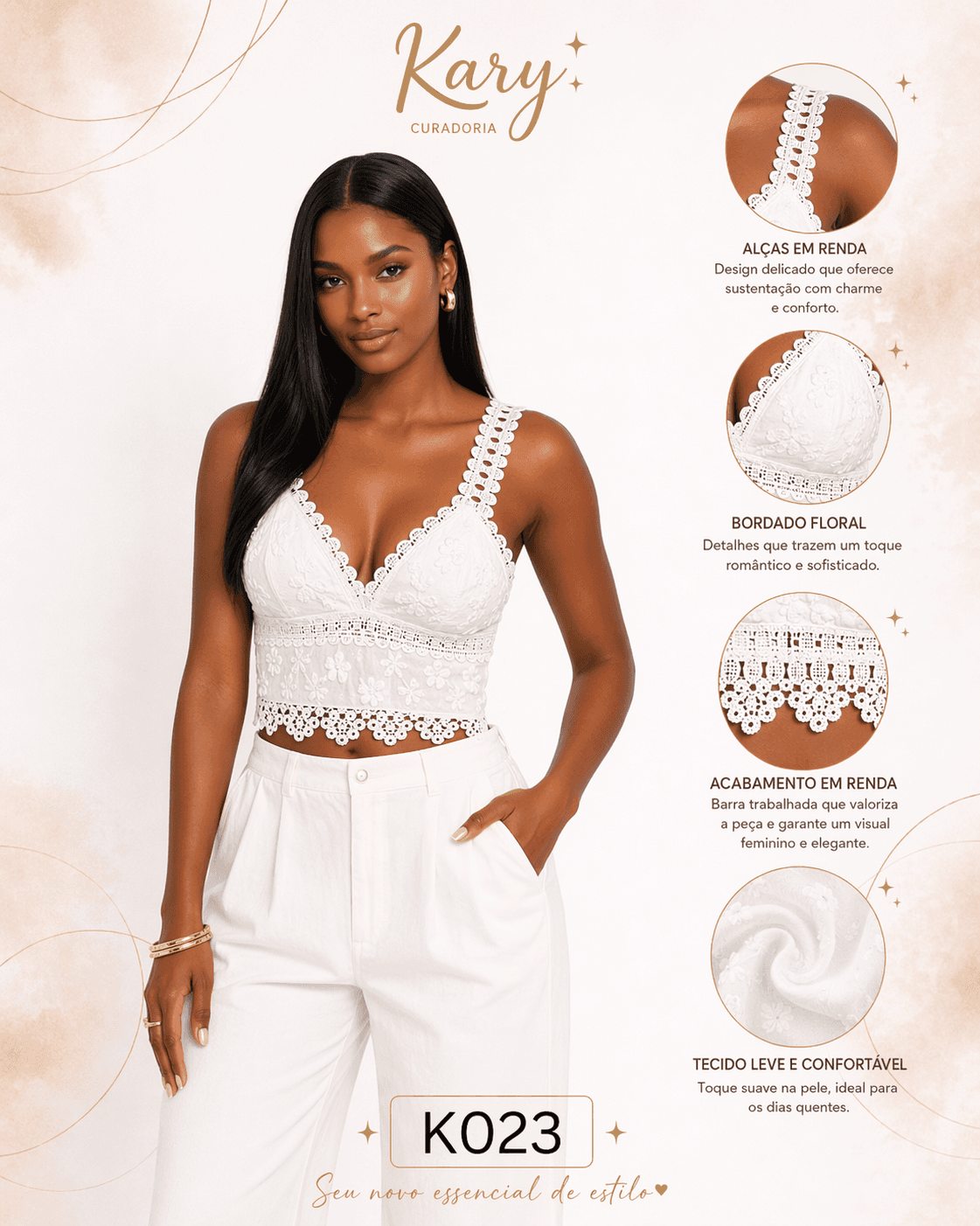 Top Cropped Feminino Bordado Floral com Alças em Renda - Estilo Atemporal | Kary Curadoria (Ref: K023)
