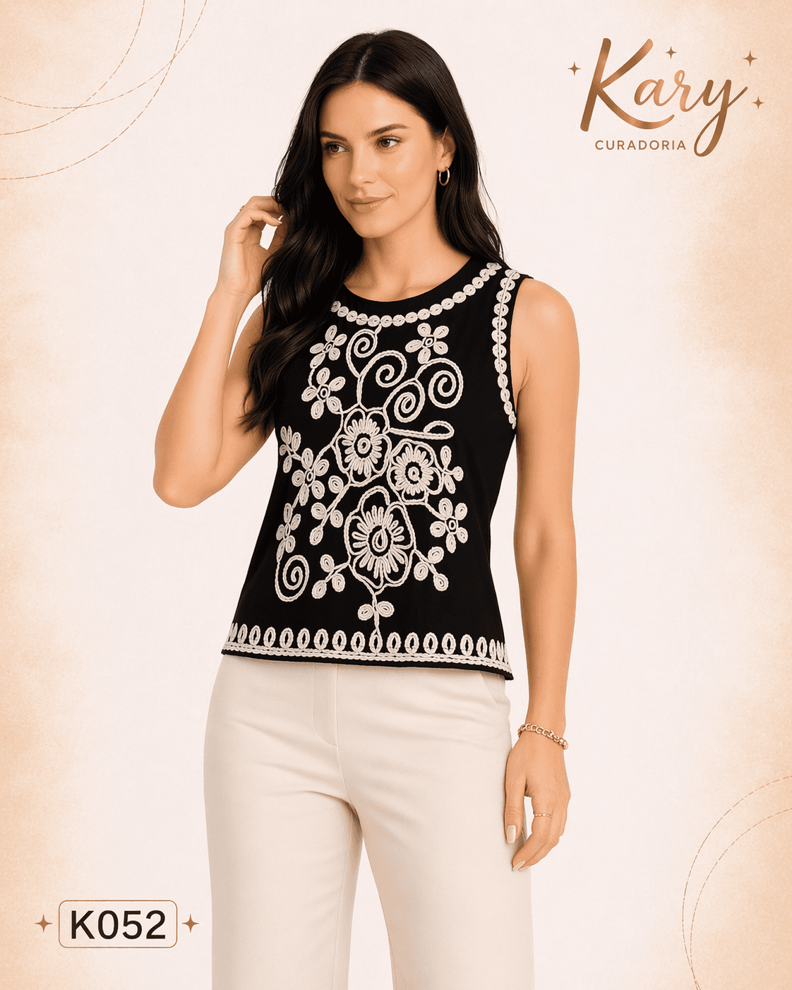 Blusa Regata Feminina com Bordado Floral Exclusivo - Estilo Atemporal | Kary Curadoria (Ref: K052)