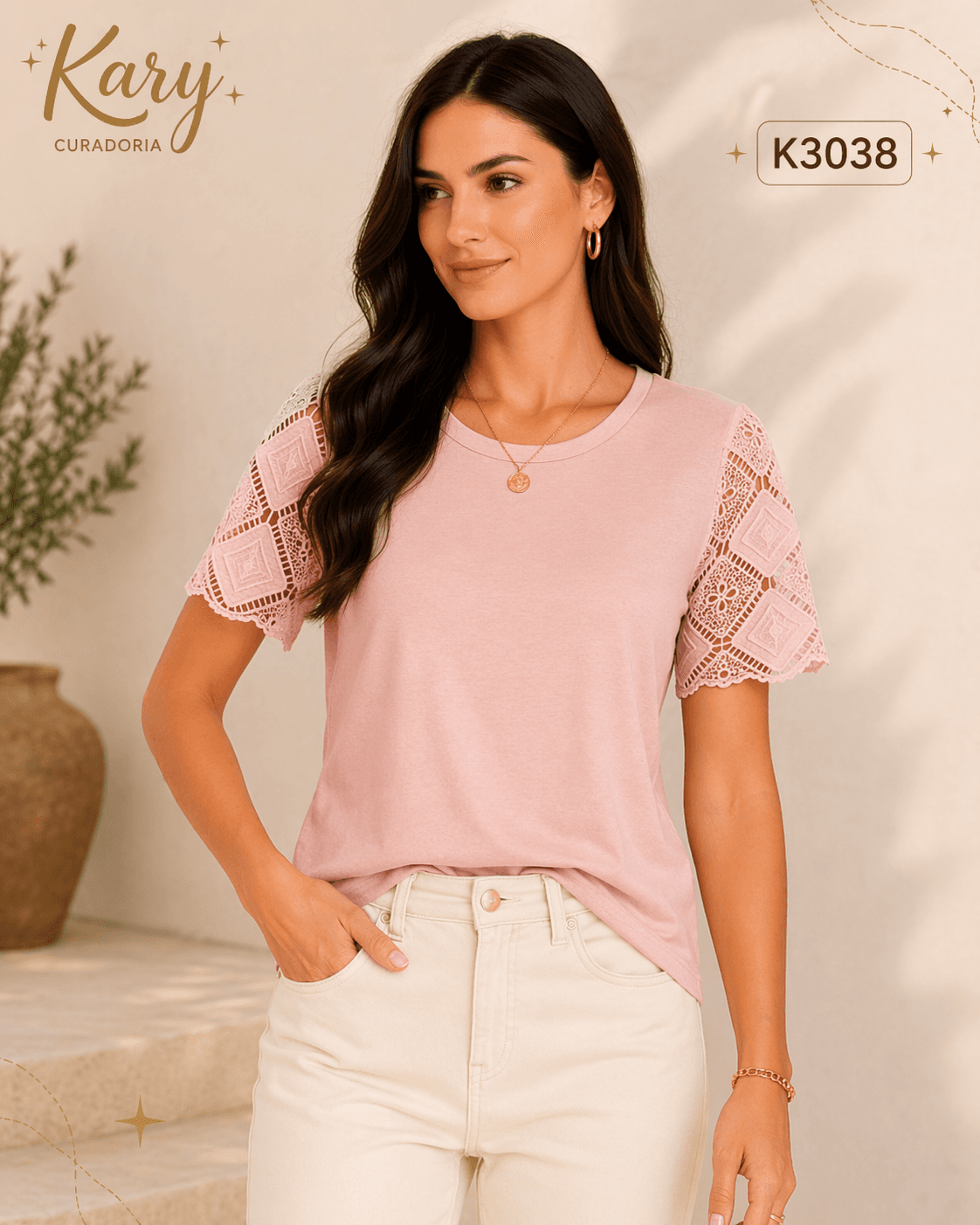 Blusa Feminina Básica com Mangas em Renda Exclusiva - Toque Romântico | Kary Curadoria (Ref: K3038)