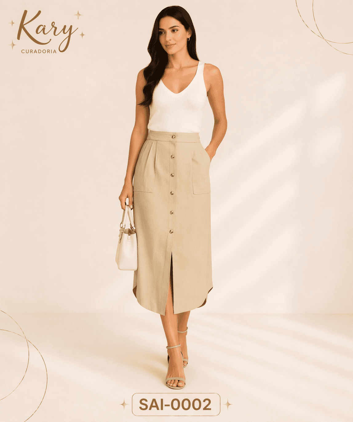 Saia Midi Feminina com Botões Frontais e Bolsos - Estilo Atemporal | Kary Curadoria (Ref: SAI-0002)