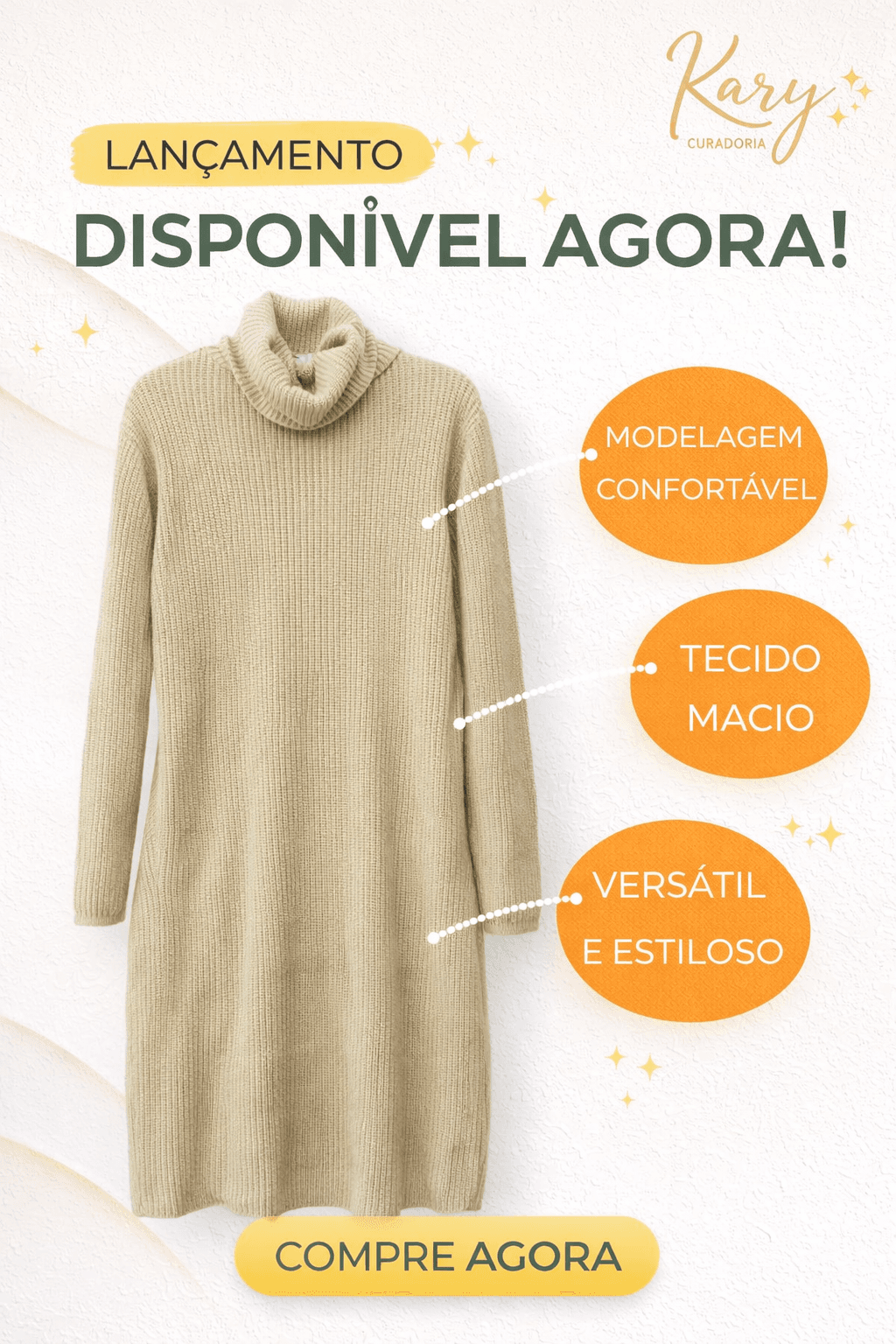 Vestido Chamise em Tricot Canelado com Gola Alta - Manga Longa detalhe