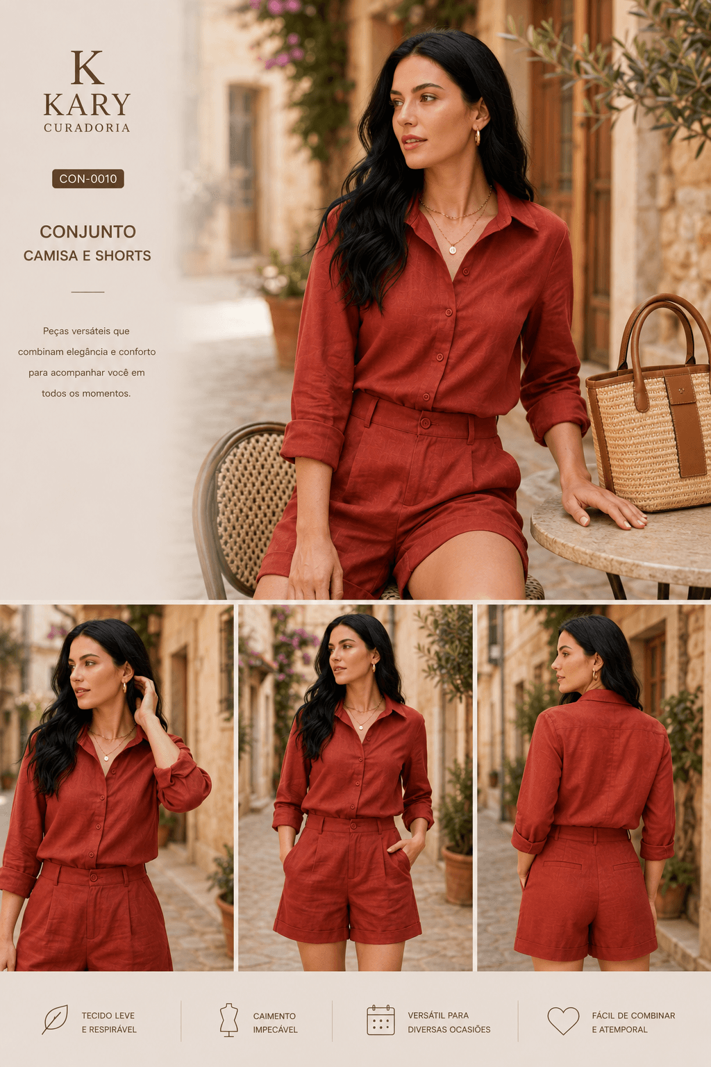 Conjunto Feminino em Linho Premium Camisa e Short Alfaiataria - Estilo Atemporal | Kary Curadoria Ref: CON-0010 detalhe