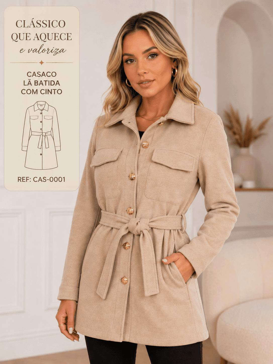 Casaco Feminino Lã Batida Premium Forrado com Cinto e Botões Dourados | Kary Curadoria (Ref: CAS-0001) detalhe