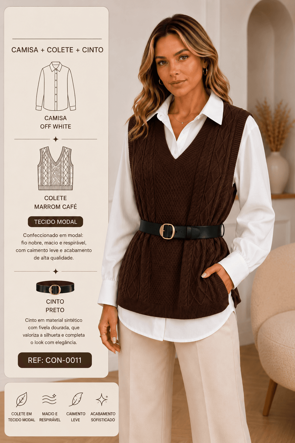 Conjunto Feminino 3 Peças: Camisa Clássica, Colete em Modal e Cinto - Estilo Atemporal | Kary Curadoria (Ref: CON-0011) detalhe