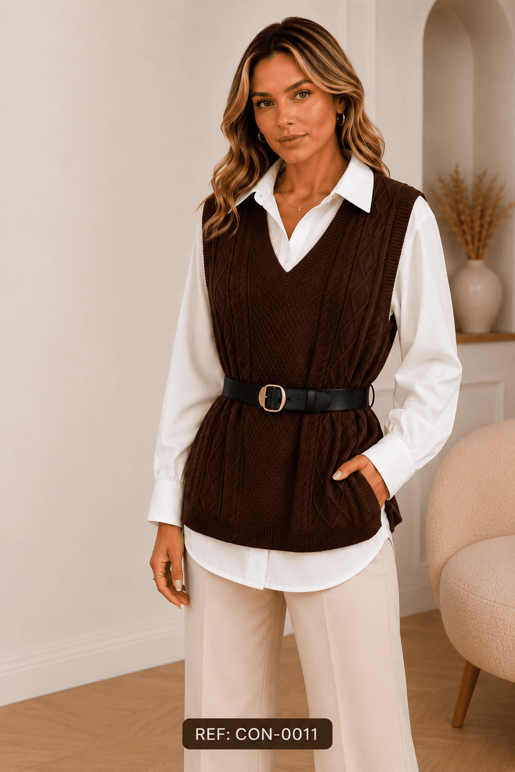 Conjunto Feminino 3 Peças: Camisa Clássica, Colete em Modal e Cinto - Estilo Atemporal | Kary Curadoria (Ref: CON-0011)