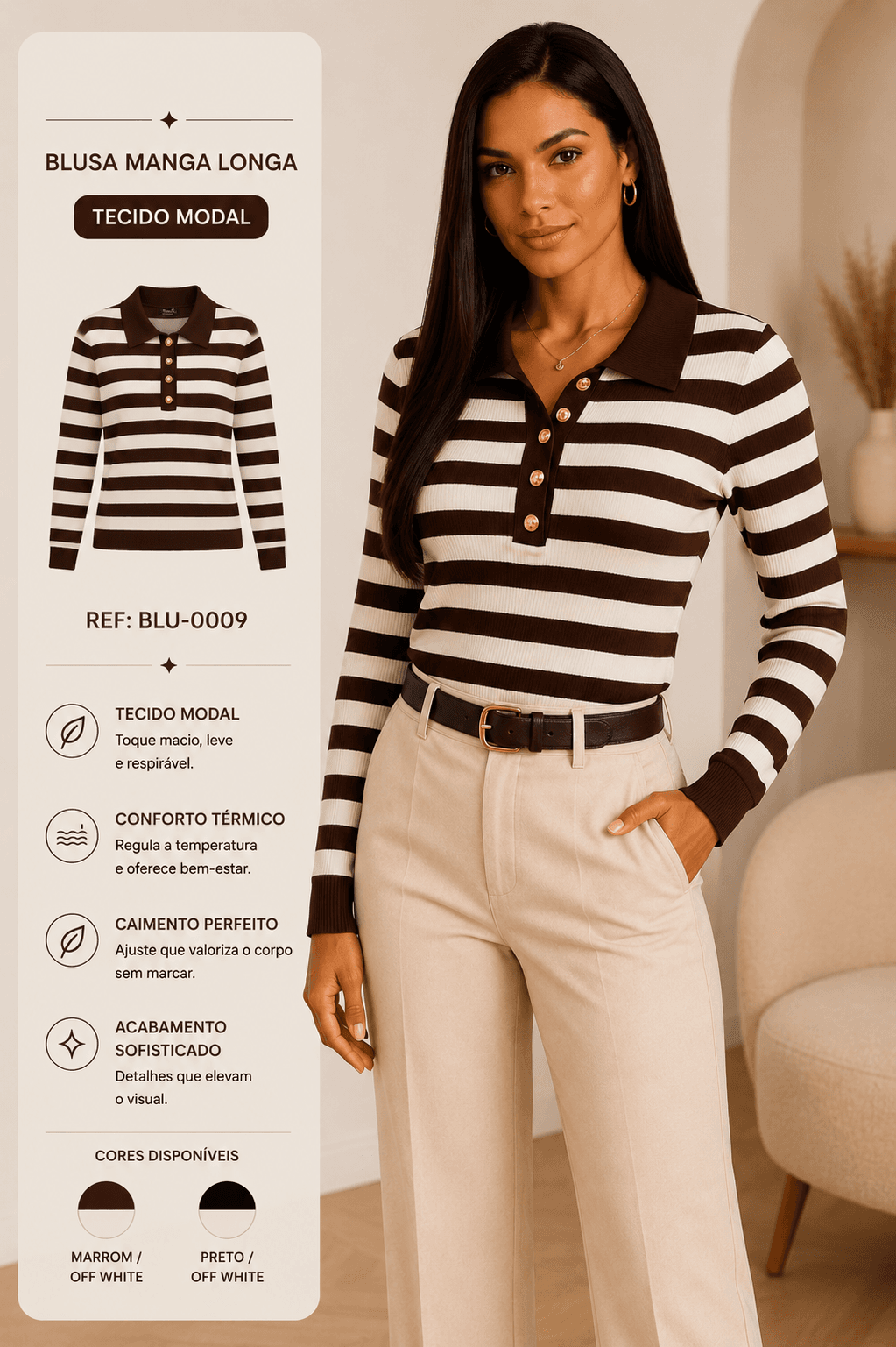 Blusa Feminina Manga Longa Listrada em Modal com Gola Polo e Botões | KVO (Ref: BLU-0009) detalhe