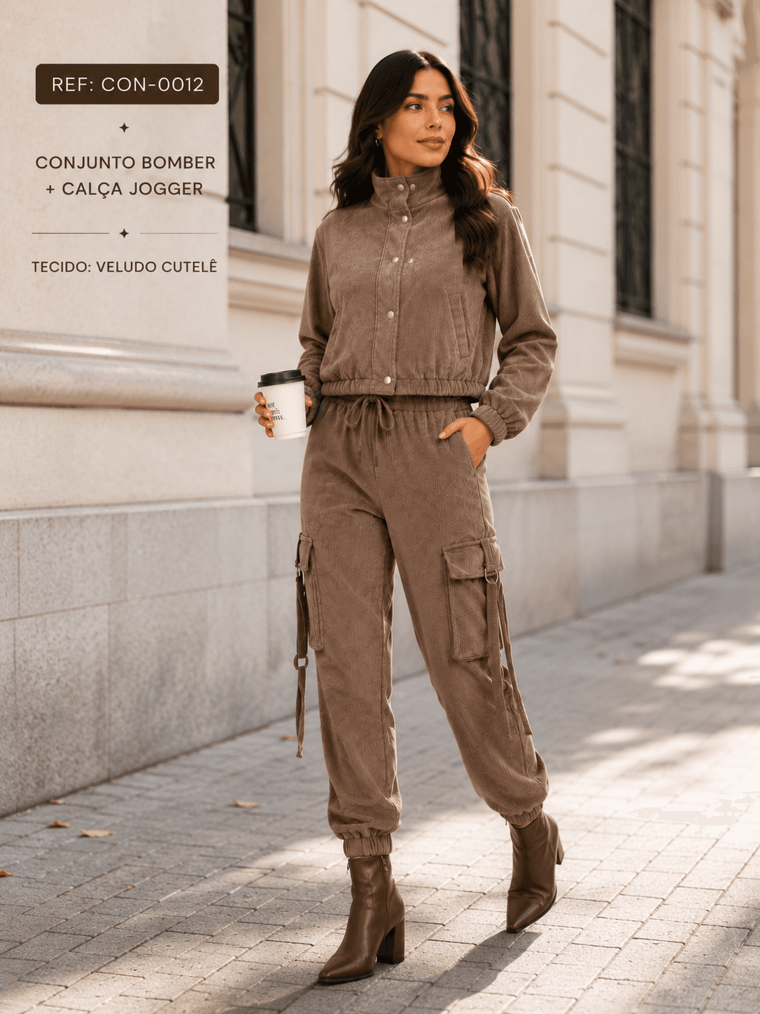Conjunto Feminino Veludo Cotelê Jaqueta Bomber e Calça Jogger Cargo | Loja KVO (Ref: CON-0012) detalhe