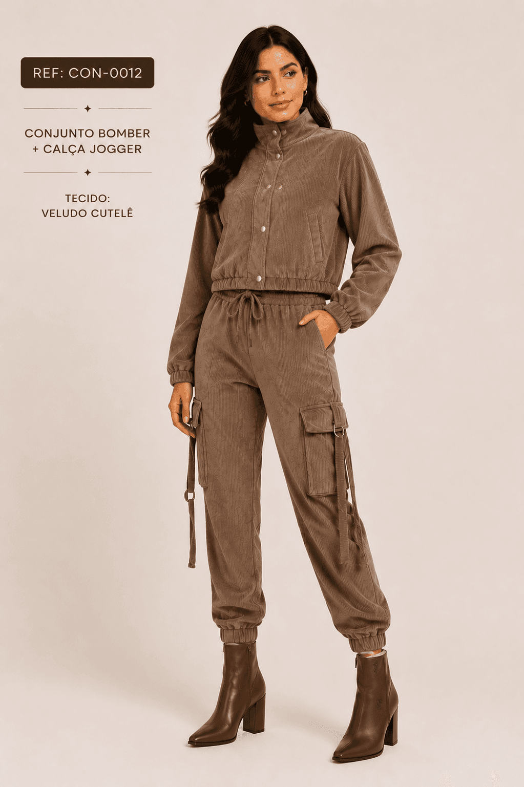 Conjunto Feminino Veludo Cotelê Jaqueta Bomber e Calça Jogger Cargo | Loja KVO (Ref: CON-0012)