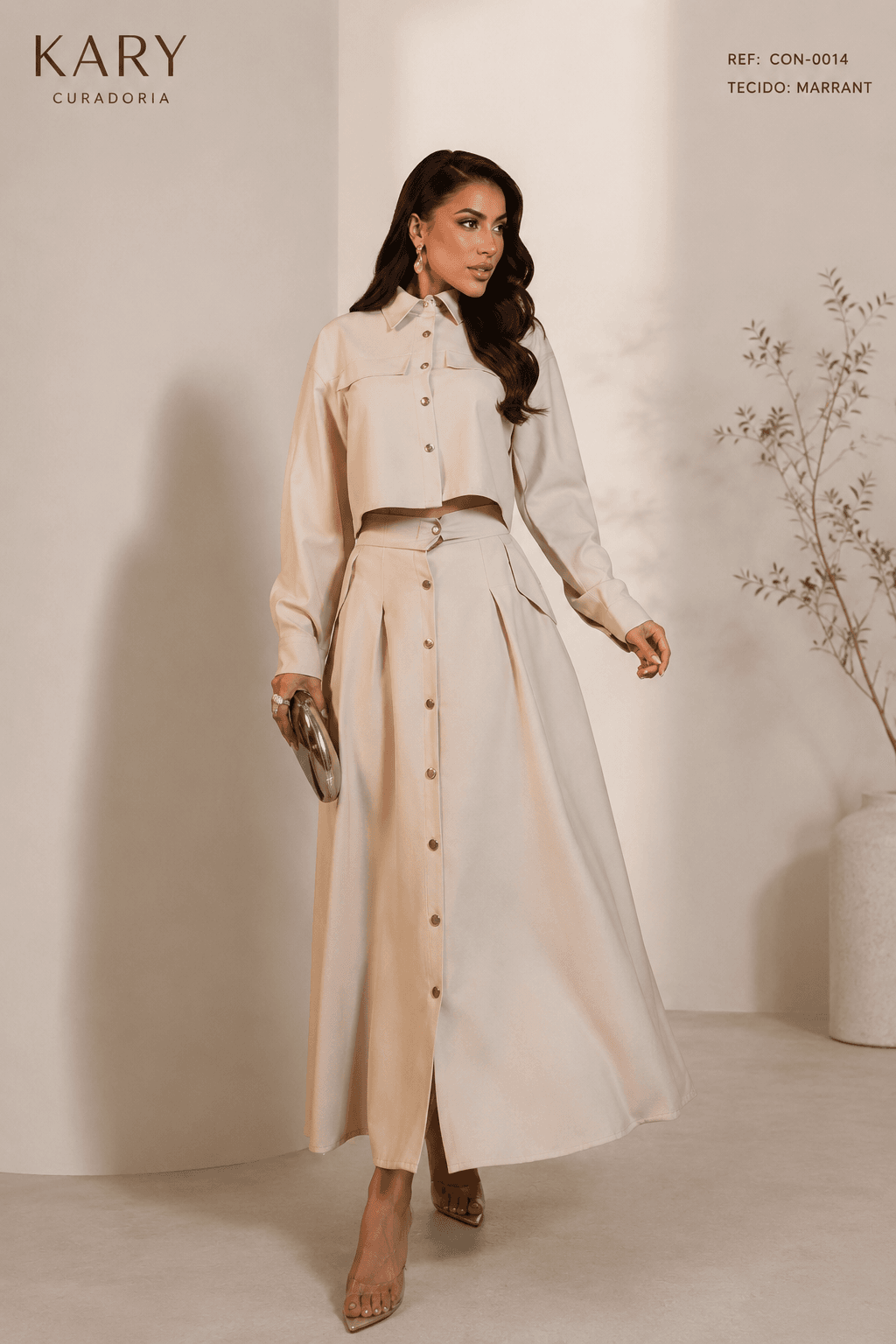 Conjunto Feminino Casaqueto Cropped e Saia Evasê em Tecido Marrant | Kary Curadoria (Ref: CON-0014)