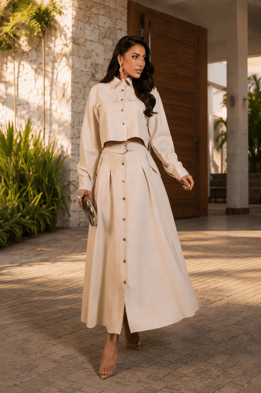Conjunto Feminino Casaqueto Cropped e Saia Evasê em Tecido Marrant | Kary Curadoria (Ref: CON-0014) detalhe