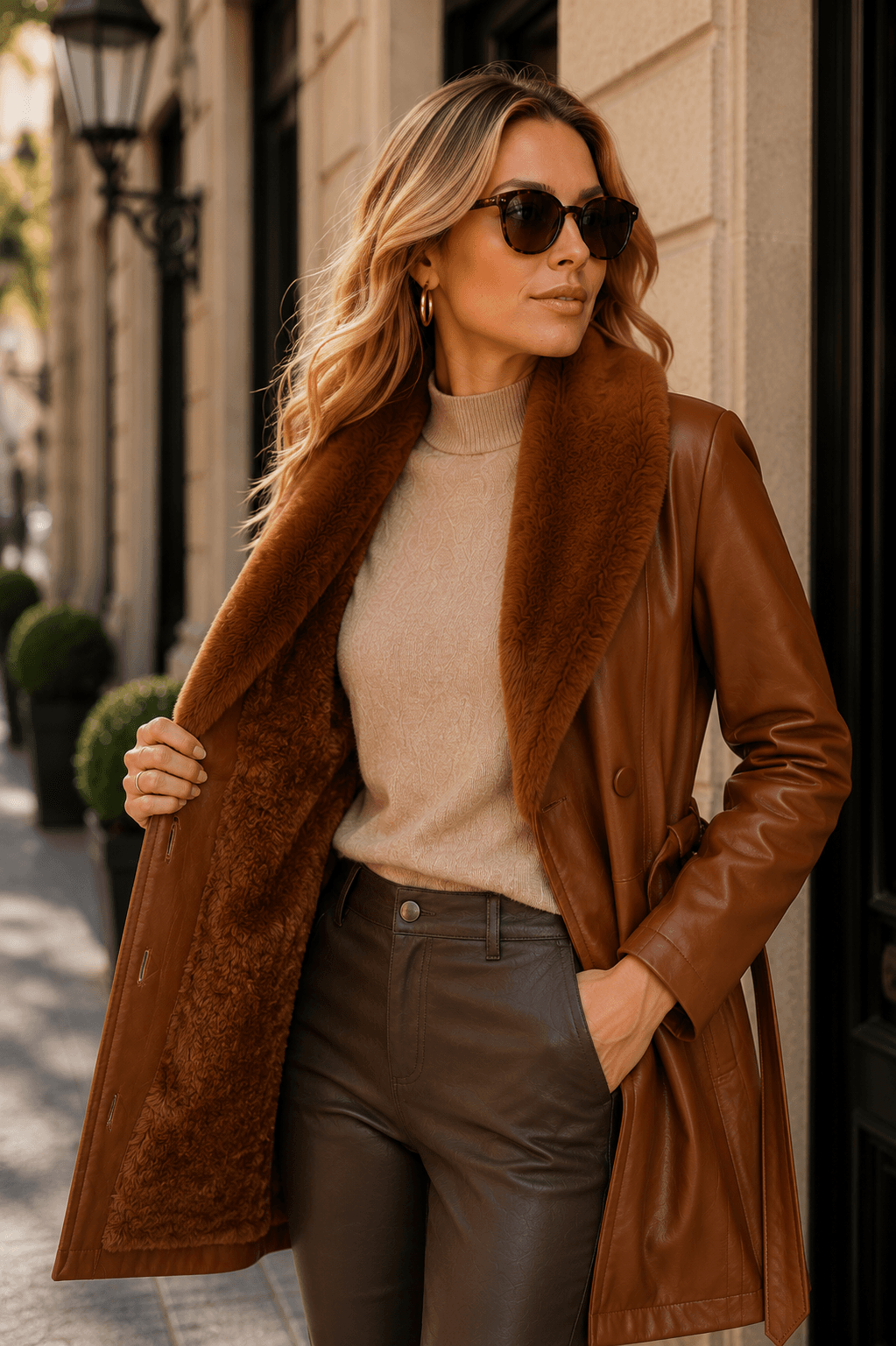 Casaco Feminino Couro Ecológico com Gola de Pelo e Forro Peluciado - Estilo Atemporal | Kary Curadoria (Ref: CAS-0002) detalhe