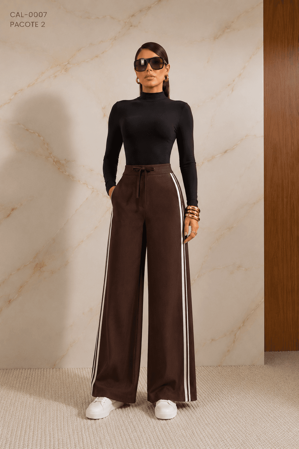 Calça Pantalona Feminina Tecido Marrant com Viés Lateral e Amarração | Kary Curadoria (Ref: CAL-0007)