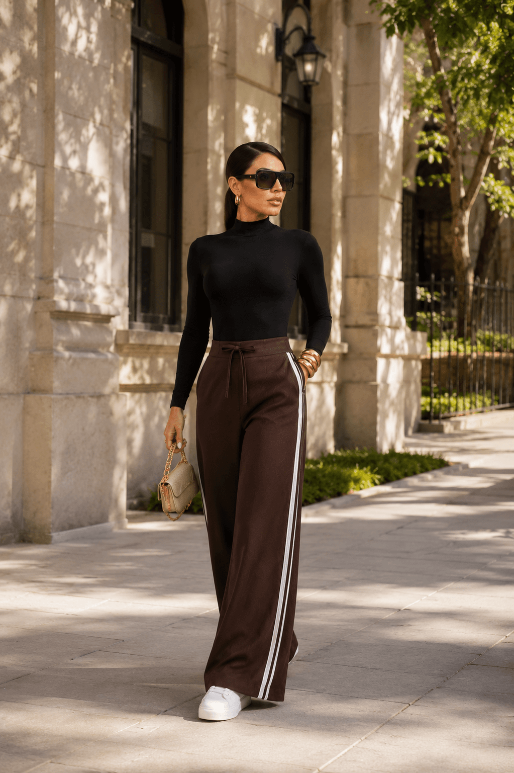 Calça Pantalona Feminina Tecido Marrant com Viés Lateral e Amarração | Kary Curadoria (Ref: CAL-0007) detalhe