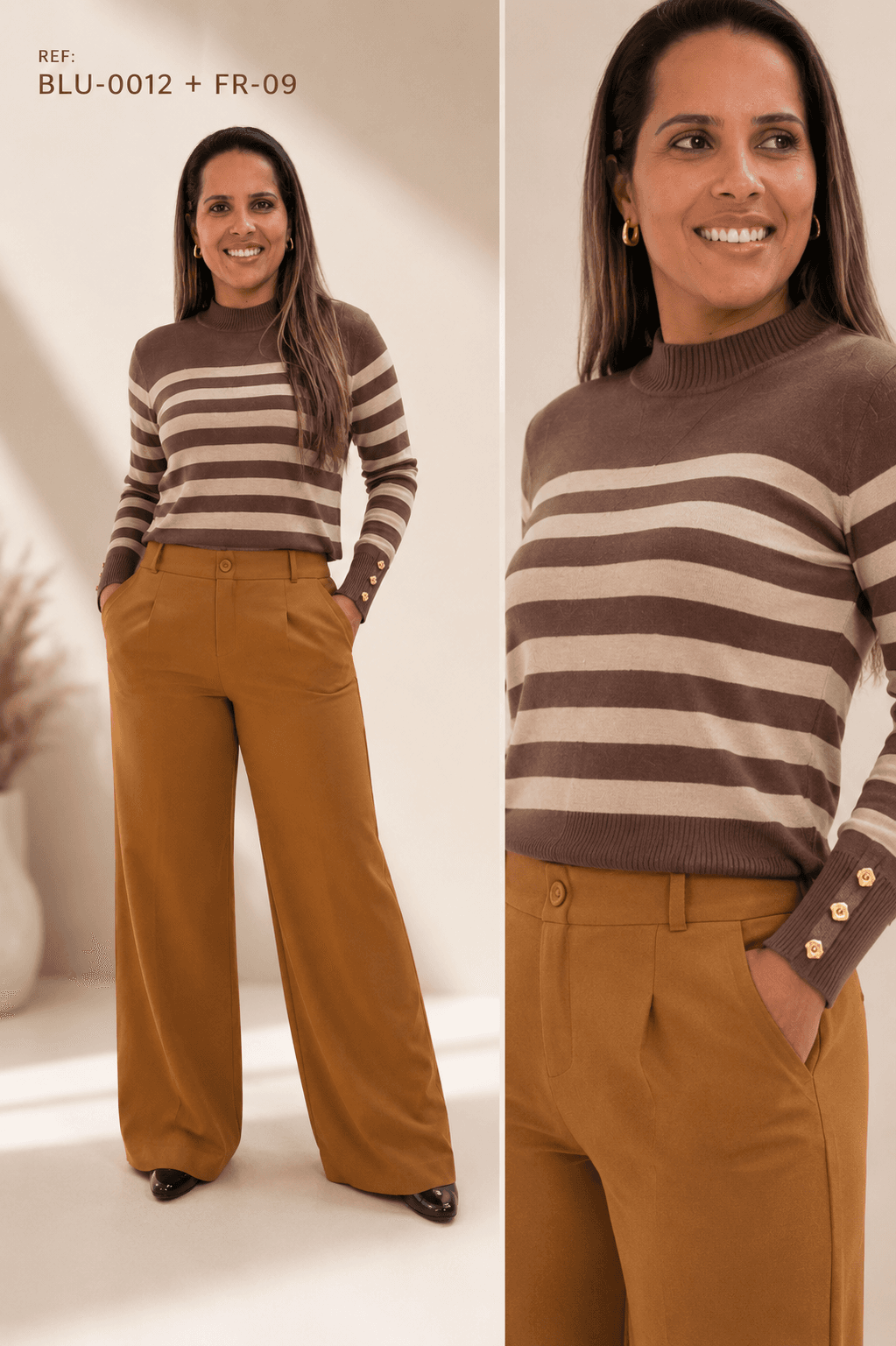 Blusa Feminina Tricot Modal Manga Longa Listrada com Botões no Punho | KVO (Ref: BLU-0012)