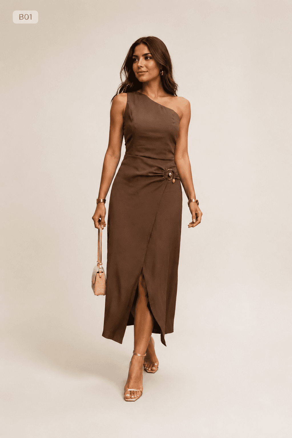Conjunto Feminino Alfaiataria Premium: Blusa Um Ombro Só e Saia Midi com Fenda e Argola | Kary Curadoria (Ref: CON-0020)