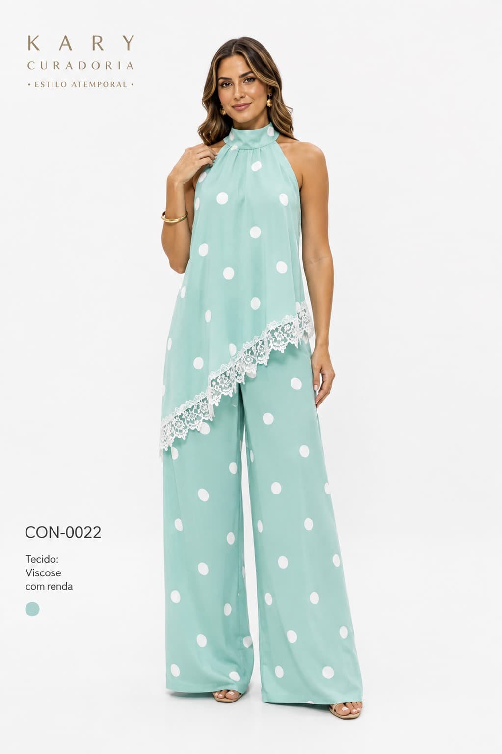Conjunto Feminino Viscose Poá: Blusa Assimétrica com Renda e Calça Pantalona | Kary Curadoria (Ref: CON-0022)