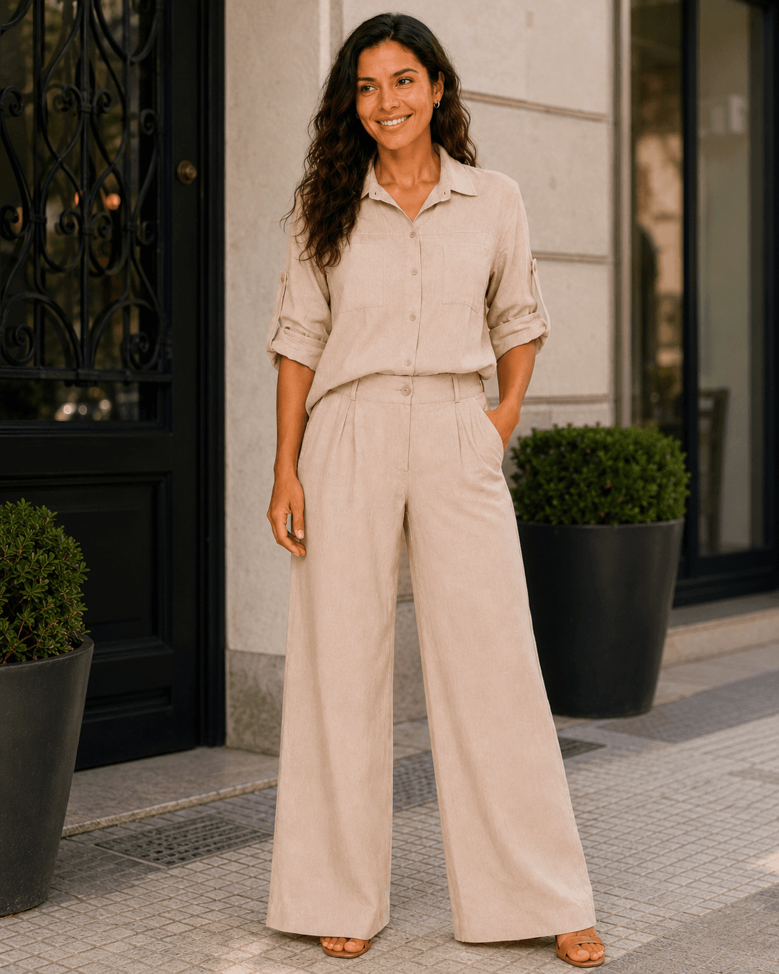 Conjunto Feminino Marrant Sensorial: Camisa Manga Ajustável e Calça Pantalona | Kary Curadoria (Ref: CON-0023) detalhe