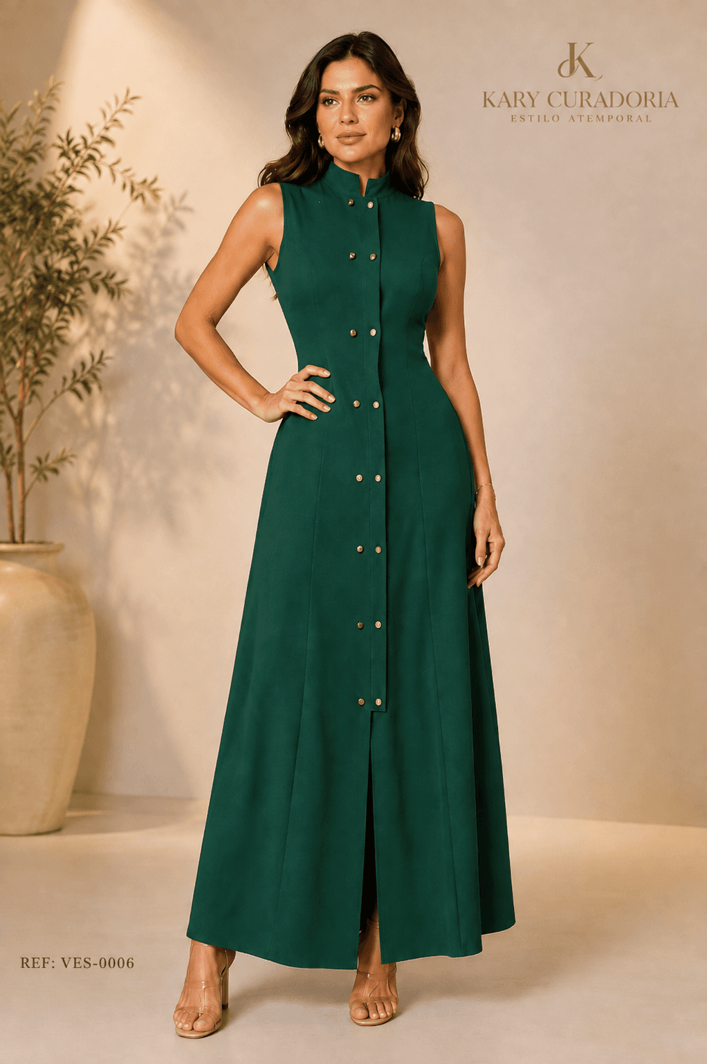 Vestido Longo Alfaiataria com Botões e Lastex nas Costas em Tecido Marrant | Kary Curadoria (Ref: VES-0006)