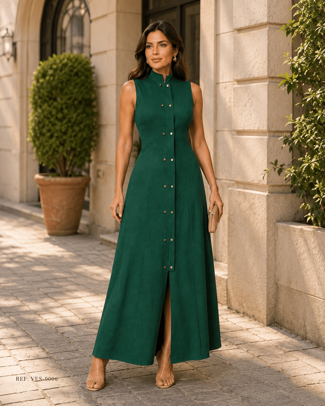 Vestido Longo Alfaiataria com Botões e Lastex nas Costas em Tecido Marrant | Kary Curadoria (Ref: VES-0006) detalhe