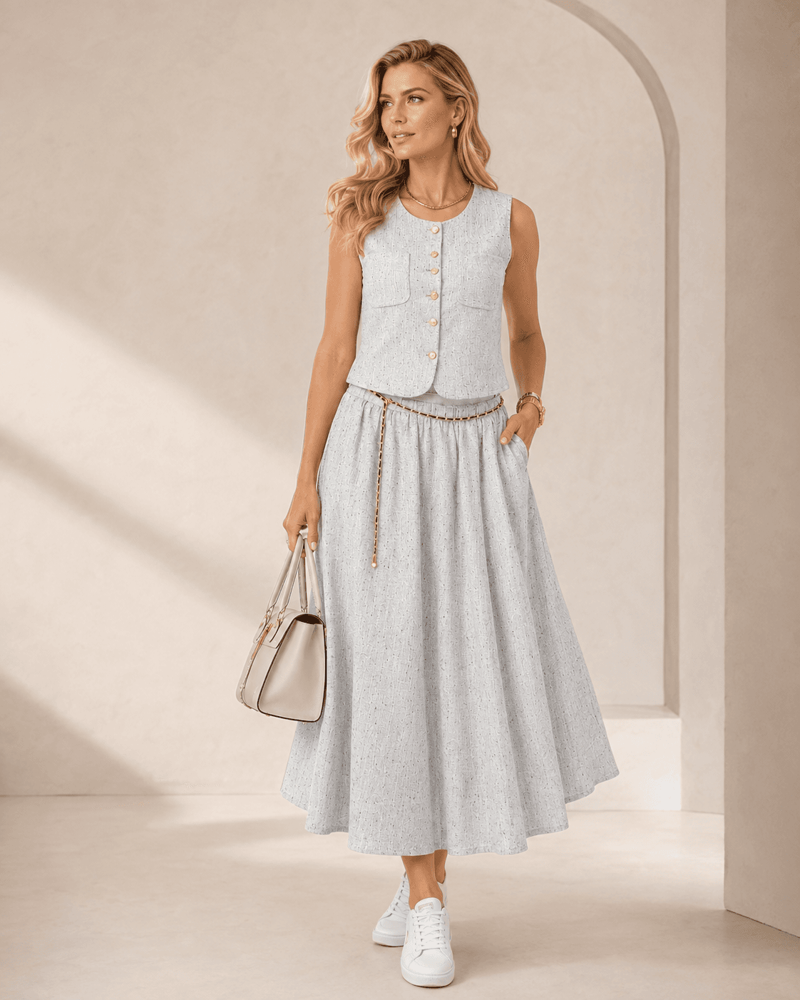 Conjunto Feminino Alfaiataria Tweed com Linho: Colete Estruturado e Saia Midi | Kary Curadoria (Ref: CON-0039)