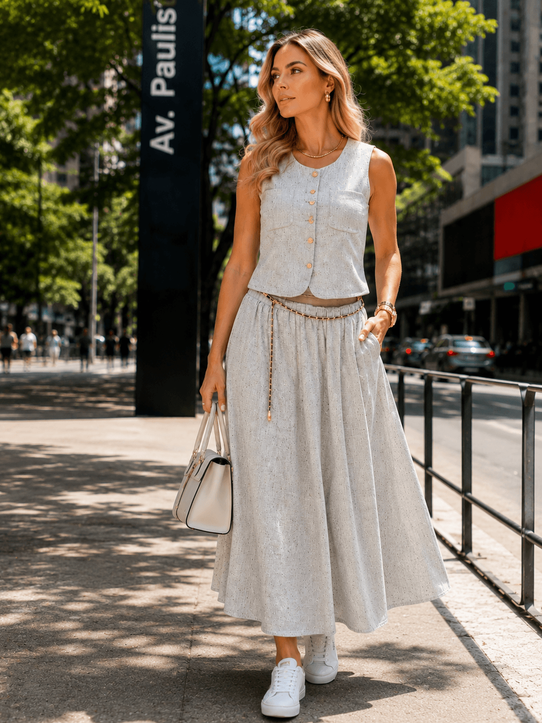 Conjunto Feminino Alfaiataria Tweed com Linho: Colete Estruturado e Saia Midi | Kary Curadoria (Ref: CON-0039) detalhe