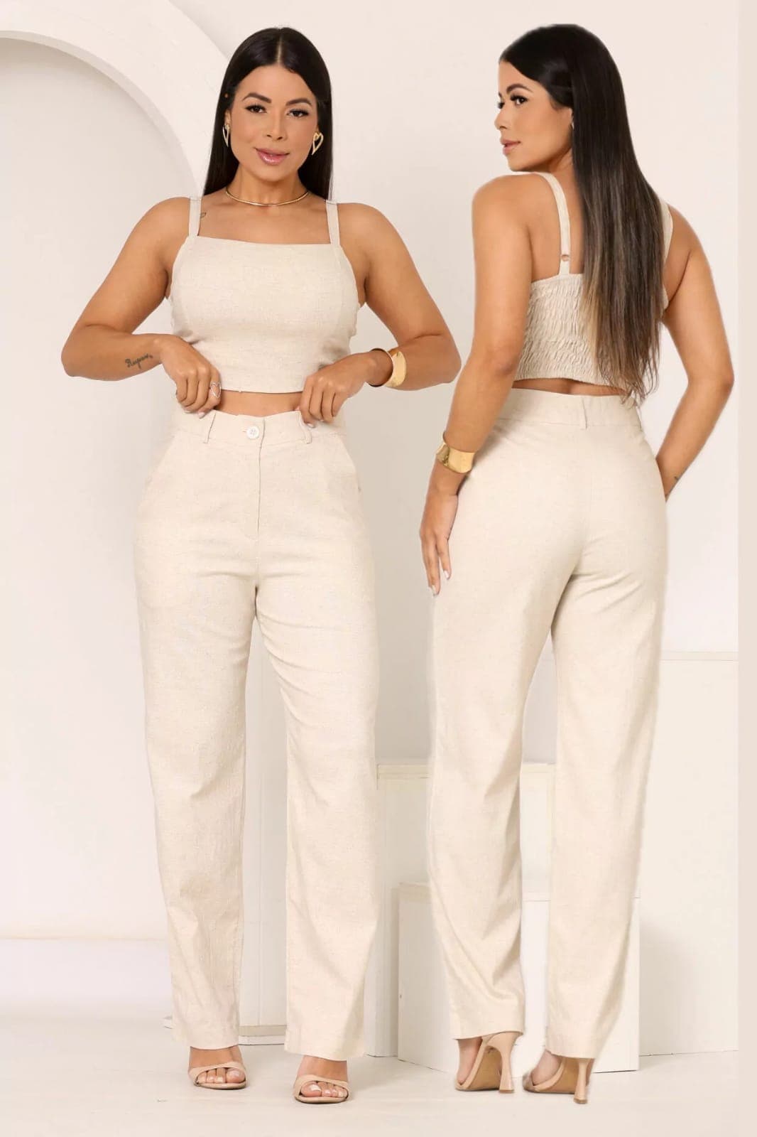 Calça Feminina Reta de Alfaiataria em Linho com Cós Alto e Passantes | Kary Curadoria (Ref: CAL-0009) detalhe