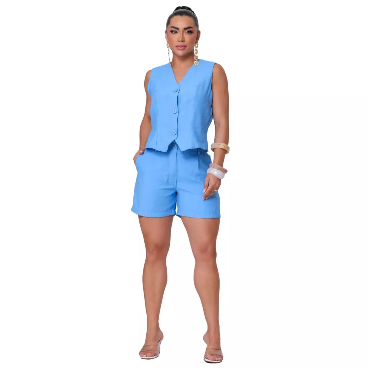 Conjunto Feminino Alfaiataria: Colete Acinturado e Short em Tecido Marrant | Kary Curadoria (Ref: CON-0016)