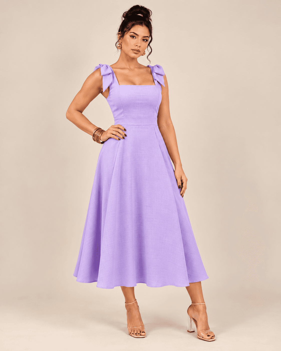 Vestido Midi de Alfaiataria com Alças de Laço e Costas em Lastex em Tecido Marrant | Kary Curadoria (Ref: VES-0021)