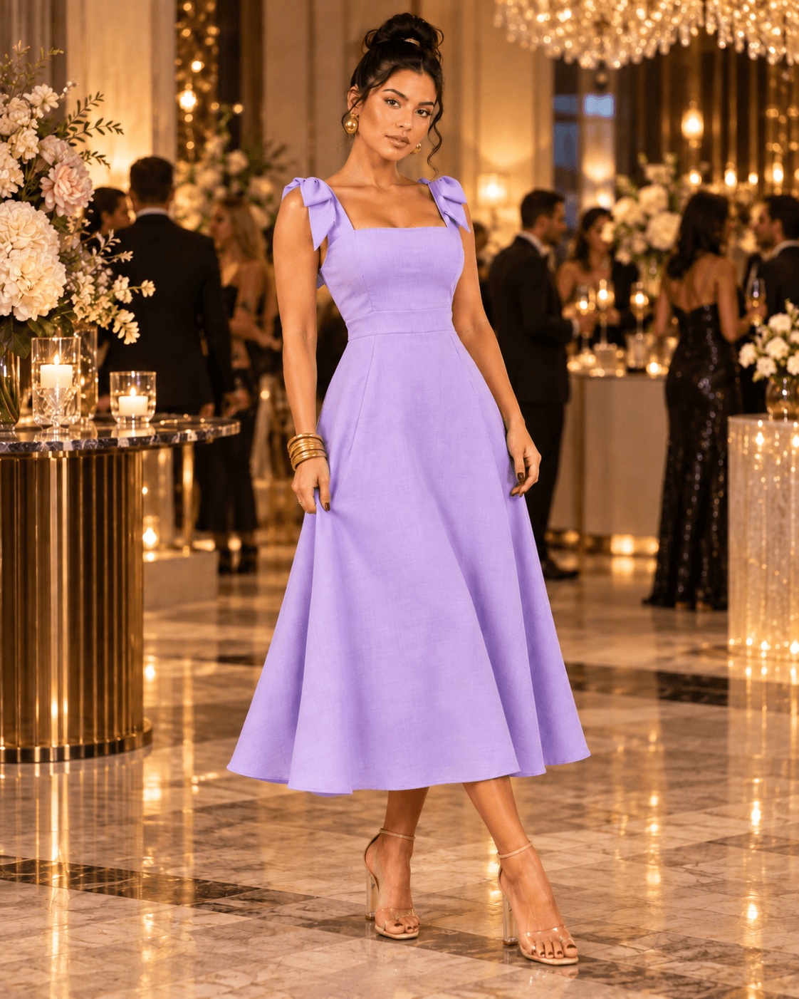 Vestido Midi de Alfaiataria com Alças de Laço e Costas em Lastex em Tecido Marrant | Kary Curadoria (Ref: VES-0021) detalhe