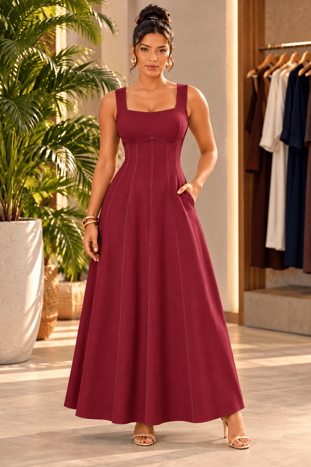 Vestido Longo de Alfaiataria com Costuras Pespontadas e Bolsos | Kary Curadoria (Ref: VES-0023)